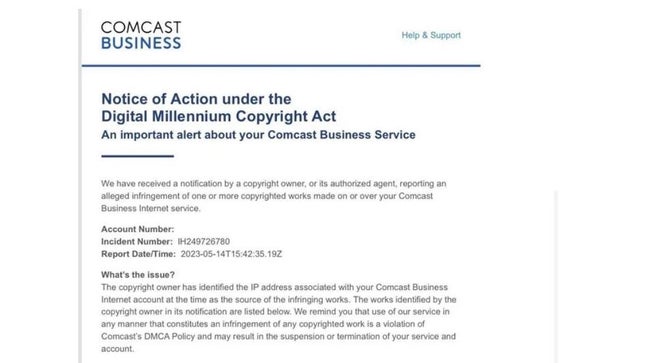 A screenshot shows a DMCA warning from Comcast. 
